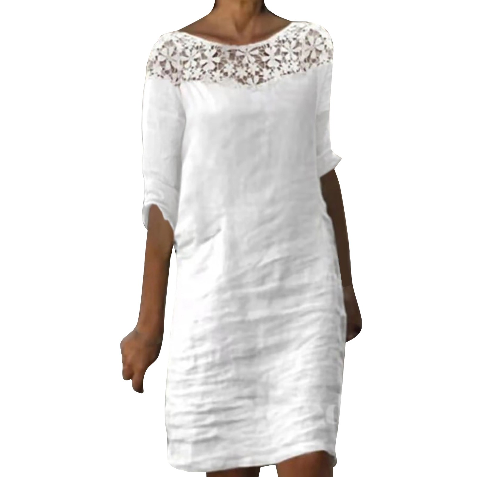thumbnail image 2 of Vestido de tirantes con cuello de encaje y manga media para mujer - Vestido mini holgado estilo boho, poliéster para la playa/fiestas de verano, 2 of 2